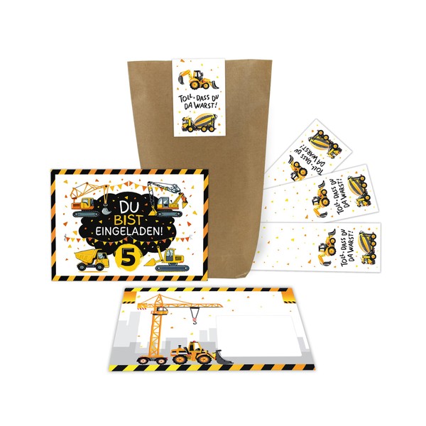 12 Invitation Cards for 5th Children's Birthday Digger Construction Site