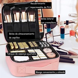 Bolsa de Maquillajede Viaje Estuche Organizador - Bolsa de Cosméticos Impermeable Portátil con Divisor Ajustable para Pinceles y Herramientas de Belleza (2 Layer, 25x23x10cm,Rosa)