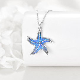 ZPMMPZ Starfish Necklace 925 Sterling Silver Ocean Pendant Necklace Blue Opal Jewelry Gifts for Women Mom Friends