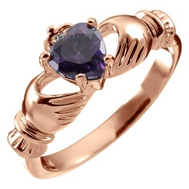 GWG Jewellery 18K Rose Gold Coated Claddagh Love Ring with Amethyst Purple Heart Stone, Hands, and Crown – 5 in Gift Box for Women