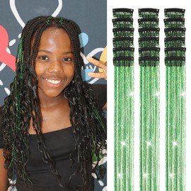 ShowJarlly Green Hair Tinsel 18 Pcs Clip in Hair Tinsel Kit for Girls 20 Inch Glitter Hair Extensions Heat Resistant Colored Hair Extensions for Kids Clip Ins Festival Accessories for Women