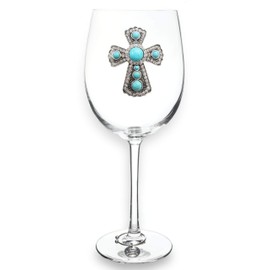 THE QUEENS' JEWELS Turquoise Cross Jeweled Stemmed Wine Glass - Unique Gift for Women, Birthday, Cute, Fun, Not Painted, Decorated, Bling, Bedazzled, Rhinestone