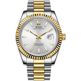 BUREI Men's Quartz Watches Analog Display Date Wristwatch Sapphire Glass Lens and Stainless Steel Band