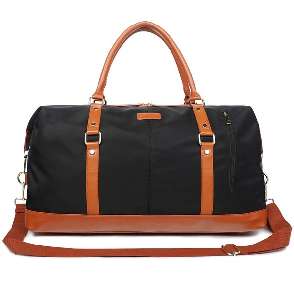 Oflamn Duffle Bag Smooth Nylon Leather Weekender Overnight Travel Carry On Bag