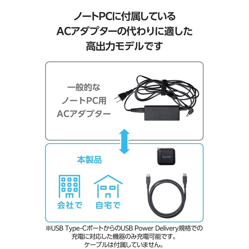 Elecom EC-AC8565BK Charger, 65 W, USB PD Compatible, Small, Type-C