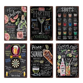 Wasise Bar Accessories - Cocktail Sign, Set of 6 Cocktail Metal Signs, Home Bar Accessories, 20x30cm Vintage Tin Wall Art for Bars Pubs Cafe Home Decor, Perfect Bars Accessorie Kitchen Decorations
