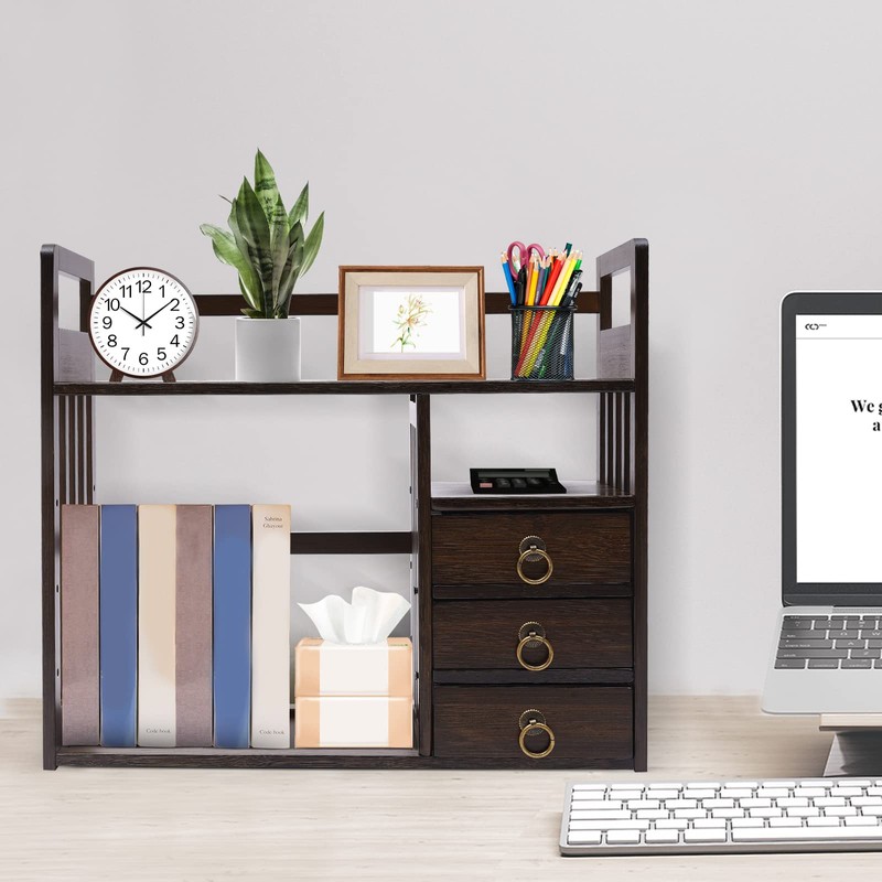 Bamboo Bookshelf, Desktop Organizer Office Desk Rack Storage Shelves, with