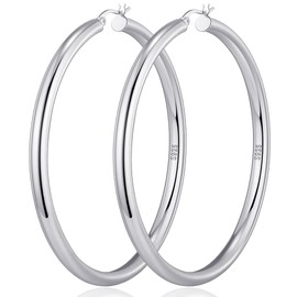 4mm Thick Silver Chunky Earrings Steling Silver Hoops Earrings For Women Hollow Tube Hoops Earrings Thick Chunky Silver Hoops Hypoallergenic Lightweight Silver Hoop Large Earrings 20/30/40/50/60MM