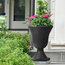 Worth Garden 2-Pack Plastic Urn Planters for Outdoor Plants, 22'' Black Tall Round Classic Resin Traditional Flower Pots - 15 in. Dia. Large Imitation Stone Decorative Pot Patio Deck Front Porch