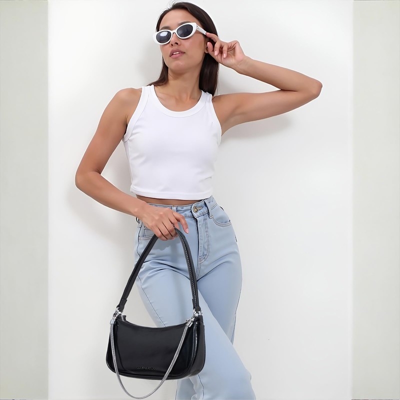 HEBELD Classic Black Shoulder Bag, Faux Leather, Removable Chain Strap,