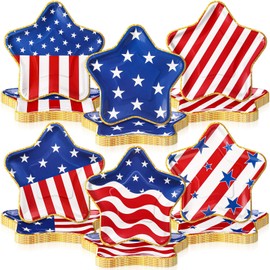 Funnymoom 96 Pcs 9 Inch 4th of July Patriotic Party Decoration Supplies Disposable Dessert Paper Plates Red Blue American Flag Star Shaped Plates with Gold Foil Borders for Independence Day