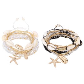 PATIKIL Summer Beach Bracelets Bohemian Multi-Layer Seashell Starfish Beads Stretch Bracelet Set for Women Wristbands Jewelry Accessories Costume Gifts, White/Black
