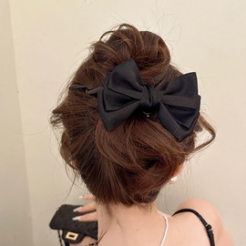 Sttiafay Silky Satin Bow Hair Clip Black Silk Ribbon Bow Clips French Twist Banana Clip Barrettes Silk Bowknot Hairclips Banana Hair Claw Clip Twist Hair Styling Clip Barrettes