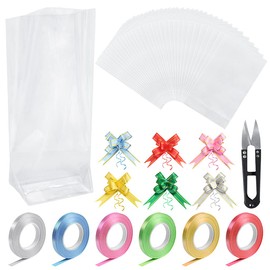 XYGK 120 Pcs Clear Cellophane Bags, Party Gift Treat Bags with 120 Pull Bows, 6 Ribbon Rolls and Scissors for Candy Cookie Birthday Wrapping Toy Christmas and Festivals(25cm × 15cm)