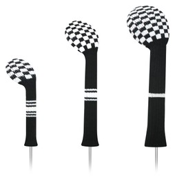 LeFeng 3Pcs Golf Club Covers, Knitted Golf Club Covers for 460cc Driver Fairway Woods and Hybrid Without Pom Pom(Black White Plaid)