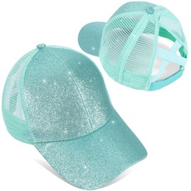 Girls Glitter Baseball Cap Kids Ponytail Hat Adjustable Summer Mesh Trucker Hats for 4-12 Years Aqua Green
