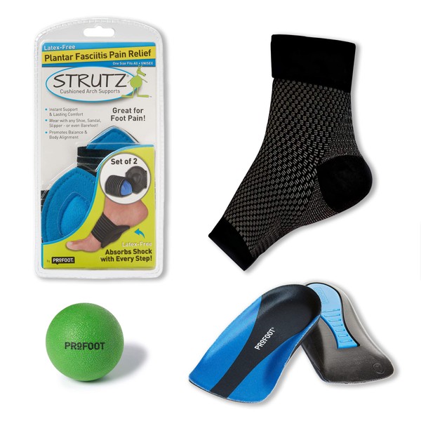 Profoot Plantar Fasciitis Pain Relief Kit with Shoe Insoles, Arch Support Cushions, Compression Sleeve & Foot Massage Ball, Men's Size 8-13 (4 Piece Set)