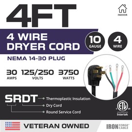 Iron Forge Cable 4 Prong Dryer Cord 4 ft, Black 10/4 NEMA 14-30 Plug 30 Amp Extension Cord 4 Foot for Dryer & EV with Ring Terminals, 125V/250V SRDT