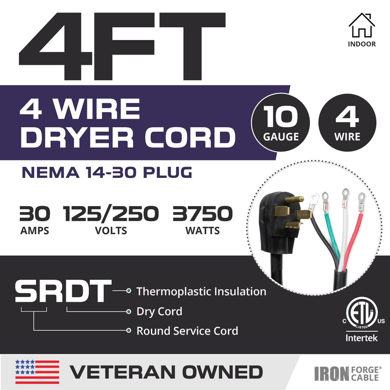Iron Forge Cable 4 Prong Dryer Cord 4 ft, Black