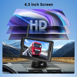 Wireless Reversing Camera with Monitor, 4.3 Inch IPS Monitor, IP69 Waterproof, Night Vision, Wide Angle Parking Aid with Long and Short License Plate Frame, 12 V