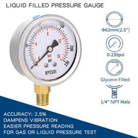 BPSSDI 0-230 Psi Glycerin Liquid Filled Pressure Gauge, 2.5" Dial Size, 1/4" NPT Lower Mount, 304 Stainless Steel Case, for Pool Pump Sand Filter Air Compressor, Water Oil Air Pressure Test
