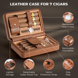 GLENCREAG GLENCREAG Portable Travel Cigar Humidor Case, Leather Cedar Wood Cigar Case with Cigar V Cutter & Lighter, Built in Hygrometer & Humidifier, Velvet Storage Bag Included