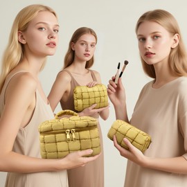 3 Pcs Quilted Puffy Makeup Bags Cosmetic Organizer Travel Toiletry Bag Cute Portable Zipper Purses for Her Essentials Gift Ideas