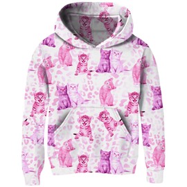 Ahegao Pink Cats Sweatshirts for Big Grils White Hoodies Lovely Hoody Pullover Long Sleeve with Pockets for 9-12T Teen Boys