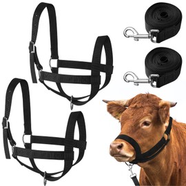 Windyun 2 Pieces Nylon Cow Halter with 2 Pieces Leading Rope Adjustable Foal Halter Horse Halter Calf Harness for Donkey Cattle Goat Training (Black)