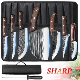 MDHAND 8 Pcs Kitchen Knife Set Butcher Knife with Roll Bag, Butcher Knife Set for Meat Cutting, Professional Meat Knife Set, Kitchen Knives Professional, Best Gift - Color: 7PCS Knife Set