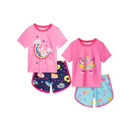 Vopawetty Girls 4-Piece Summer T-shirt and Shorts Set Pink Unicorn, 10-11 Years