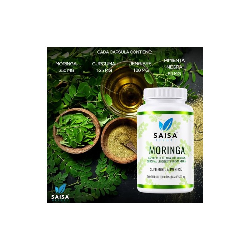 Moringa con Cúrcuma y Pimienta Negra Suplemento Alimenticio 100 Cápsulas