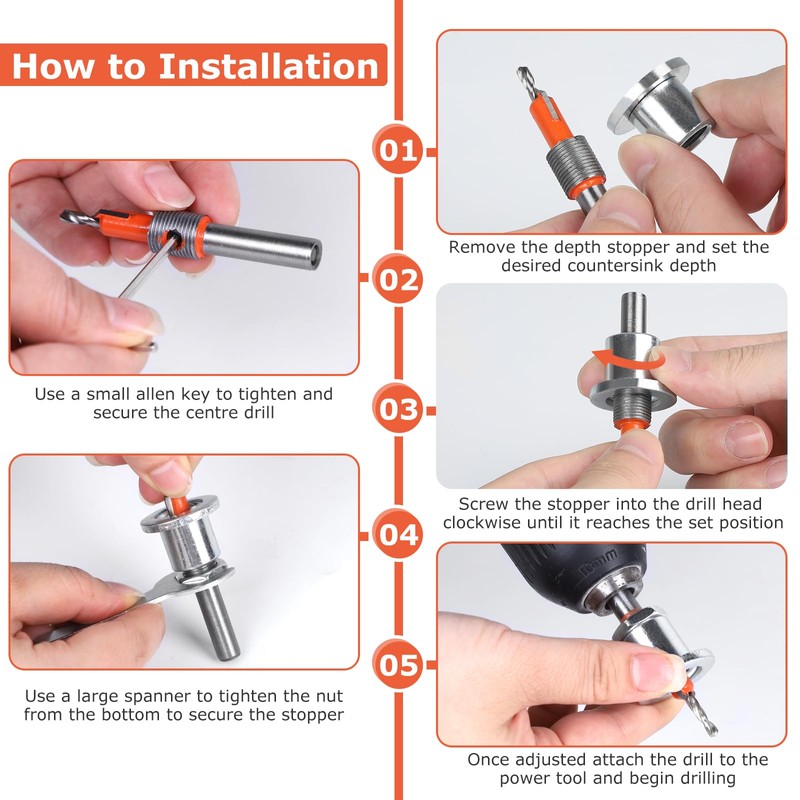 SUPAWAY 6-Piece Countersink Drill Bit Set, 8 mm Round Shank,