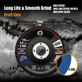 Merryland Flap Disc 115 Metal for Angle Grinder, 115mm 120 Grit T29 Flap Wheel 10 Pieces, Blue Zirconium Corundum INOX Stainless Steel Iron Universal 4.5 inch, Craft-Line FC1107614-10