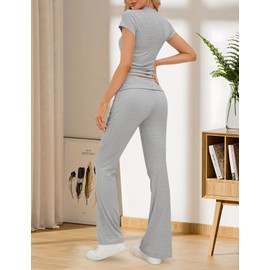 M_Eshop 2 Piece Set Women Outfit Lounge Sets Skims Short Sleeve Top And Flare Leggings Fold Over Yoga Pants Pajamas Set (CA/US, Alpha, Medium, Regular, Regular, Light Gray)