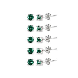 5-Pair Set Sterling Silver Green 3mm Round Stud Earrings Made with European Crystals