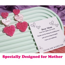 UAREBST Love Mom Heart Dangle Earrings for Women, Mother's Day Gifts Birthday Earrings, Triple Acrylic Love Drop Earring Glitter Dangle Earrings for Holiday Anniversary