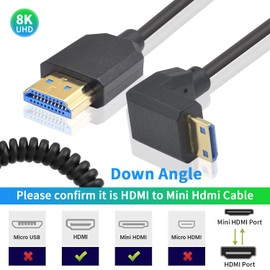 Duttek 90 Grad Mini HDMI auf HDMI Spiral kabel, 48Gbps Mini HDMI Stecker auf HDMI Stecker Kabel, Down Angle Mini HDMI to 8K HDMI Cable Unterstützung 8K@60Hz für Projektor, Monitor, Camcorder 1.2m