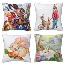 AMZQJD Set of 4 Cushion Covers with Geometric Pattern, Decorative Cotton Linen Cushion Covers (45 x 45 cm, Purple Rabbit)