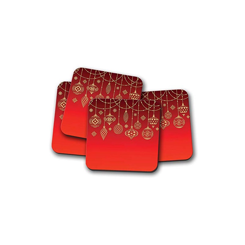 4 Set - Beautiful Christmas Baubles Coaster - Red Festive