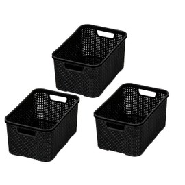 BranQ - Home essential Set of 3 Plastic Rattan Baskets made of Bisphenol A (BPA)-Free Polypropylene, 28.8 x 19.7 x 16.2 cm, Black, Size M (10 Litres)