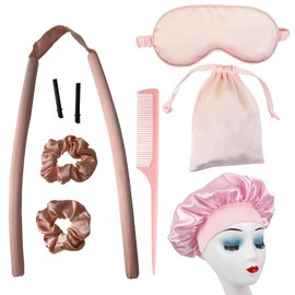 10PCS Heatless Curling Rod Set, Satin Heatless Curling Ribbon, Heatless Curling Tool for Volume, Silk-Like Eyeshade, Storage Bag, Sleep Cap, Suitable for Long, Curly, and Straight Hair (Pink)