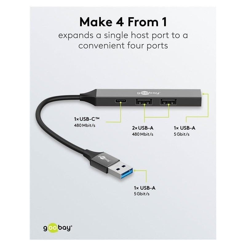 goobay 4-Port USB 3.2 Hub Slim, Multiple Plug, 5 Gbits,