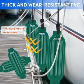 VEITHI Large Boat Fenders 4Pack 8.5 x 27,Ribbed Twin Eyes Vinyl Boat Bumpers Fenders,Boat Bumpers for Docking Come with Ropes Needles and Pump to Inflate,Pontoon Boat Fenders for Docking Forest Green