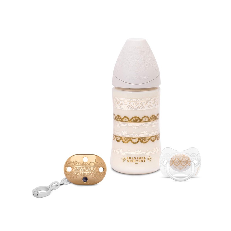 Suavinex Set De Biberon, Chupon Y Broche Couture, Blanco, Paquete