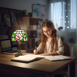 Ppbmocw Small Rose Tiffany Lamp, 8X14 inches Stained Glass Lamp for Bedside,Antique Office,Living Room,Shelf