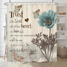 Rustic Elegant Teal Tulip Shower Curtain, Bible Verse Inspirational Motivational Quote Fabric Shower Curtain Set, Polyester Vintage Farmhouse Floral Bathroom Accessory with Hook 69x78Inch, Beige