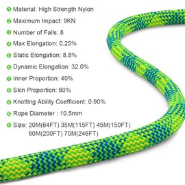 X XBEN 10.5 mm UIAA Dynamic Climbing Rope 20M(65FT), Safety Nylon Kernmantle Rope for Rock Climbing, Tree Climbing, Ice Climbing, Rappelling, Rescue and Arborist Climbing