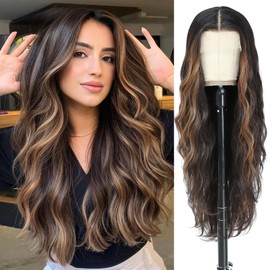 Skunk Synthetic Lace Front Wig 28 Inch Long Wavy Natural Wave Wigs 13×4×1 Pre Plucked Glueless Wig Synthetic Hair for Women Loose Body Wave With Natural Hairline Heat Resistant Synthetic Wavy Wig