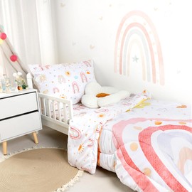 CARUILI Toddler Bedding Set for Girls 4 Piece Pink Rainbow Toddler Girl Bedding Set Super Soft & Lightweight Toddler Comforter Set Includes Comforter, Flat Sheet, Fitted Sheet, Pillowcase